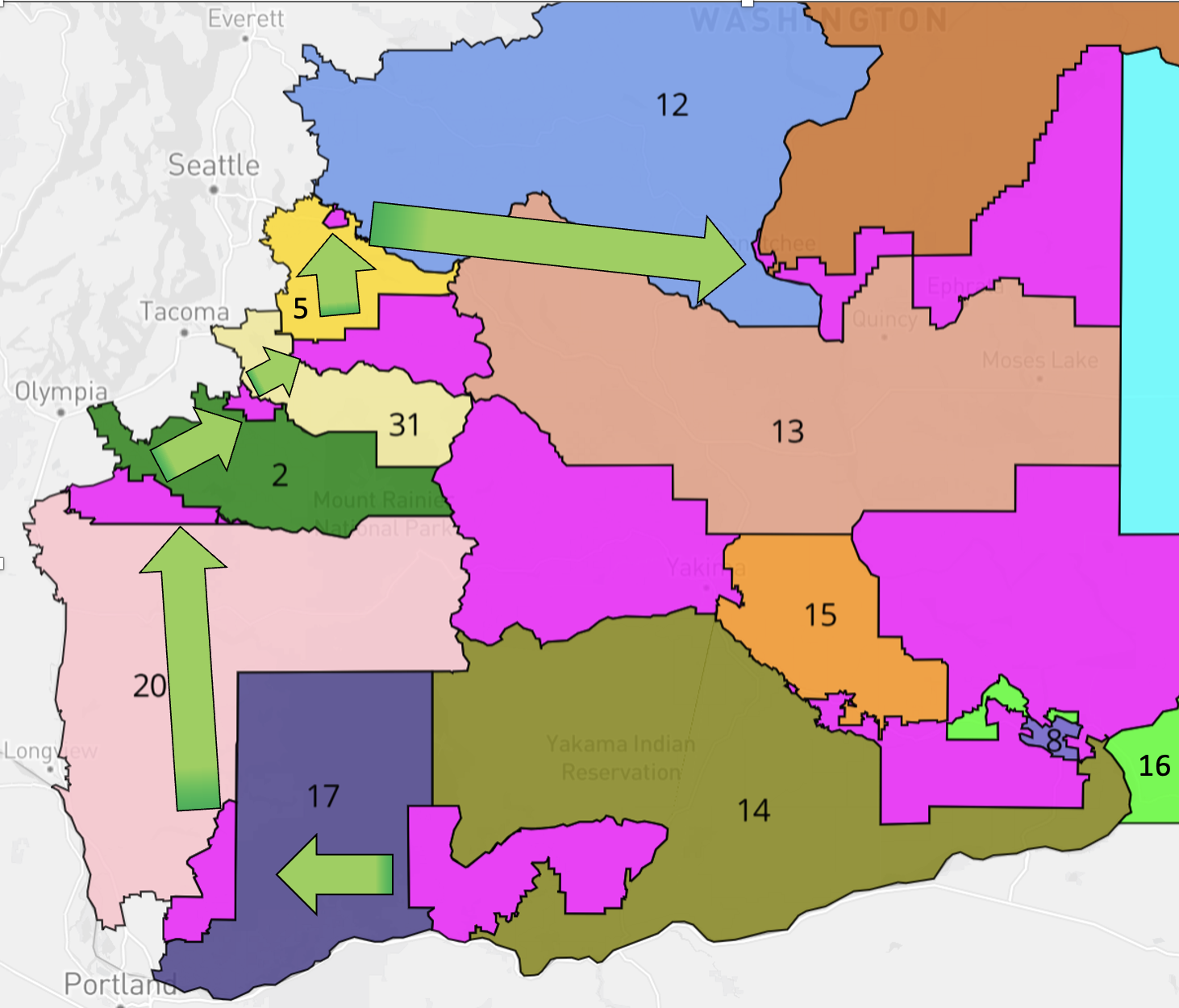The Swirl: Pink areas highlight the population shift incorporated into the new legislative districts (approx. 502,000 people). Smaller pink areas starting in SW LD14 and moving along the arrows to Wenatchee represent approximately 15,600 people shifted from one district to the next.